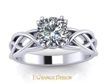 Forever One Certified round  6.5 mm Moissanite 14k White Gold Celtic Engagement Ring by Lorange Design