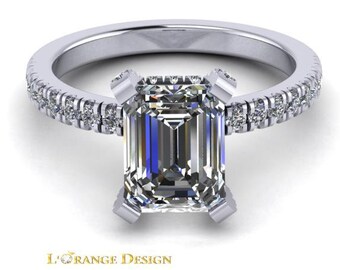 Certified Forever One Emerald Cut 8x6 mm Moissanite 14k White Gold Engagement Ring with  .30 ct in  Genuine accent diamonds