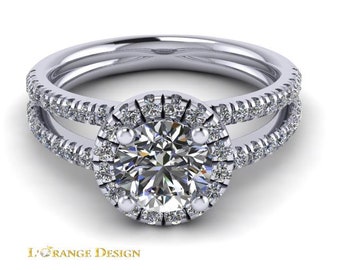 Beautiful Certified Round 1.0 ct Moissanite 14k White Gold Wedding & Engagement Ring with .50 in Genuine accent diamonds By Lorange Design