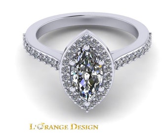 Certified Marquise .8 ct Moissanite 14k White Gold Wedding & Engagement Ring with .32 in Genuine accent diamonds By Lorange Design