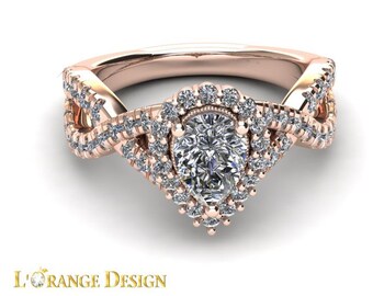 Forever One Moissanite Engagement Ring .80ct Pear Shape  .60ct Genuine accent Diamonds Halo Wedding ring 14kt Rose Gold By Lorange Design