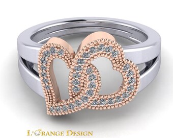 Two Hearts Beautiful  14k Rose Gold Wedding & Engagement Ring with  .25 in  Genuine accent diamonds By Lorange Design