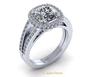 Forever One Certified Cushion Cut  7.5 mm Moissanite 14k White Gold Diamond Engagement Ring with .60 in Accent Diamonds