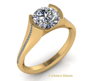 Certified Forever One Round cut 7 mm Moissanite 14k Yellow Gold Diamond Engagement Ring with .15 ct in accent Diamonds By Lorange Design