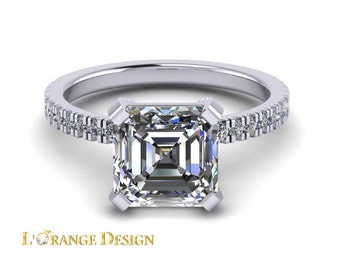 Stunning Certified Asscher Cut 2.0 ct Moissanite 14k white Gold Wedding & Engagement Ring with  .30 in  Genuine accent diamonds