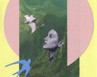 Arte original pequeño formato. Collages únicos, estilo surrealista pop. Disponibles de manera individual o en series de 3. Colores pastel.