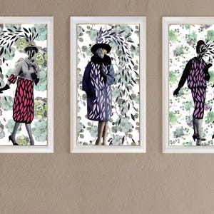 Originale collage di carta. Collage analogici dall'estetica vintage. Ritratti di donne degli anni '50 con motivi vegetali.
