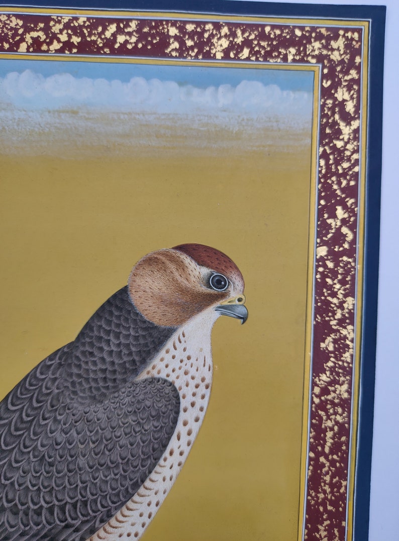 24c gold leaf border, original watercolor bird, home decor gifts Falcon Eagle Birds miniature Painting in Mughal style Antique vintage art