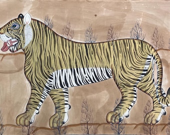 May include: A hand-painted illustration of a tiger in a walking pose. The tiger has yellow and black stripes, with a white belly and face. The background is a light brown color with small tree-like shapes.
