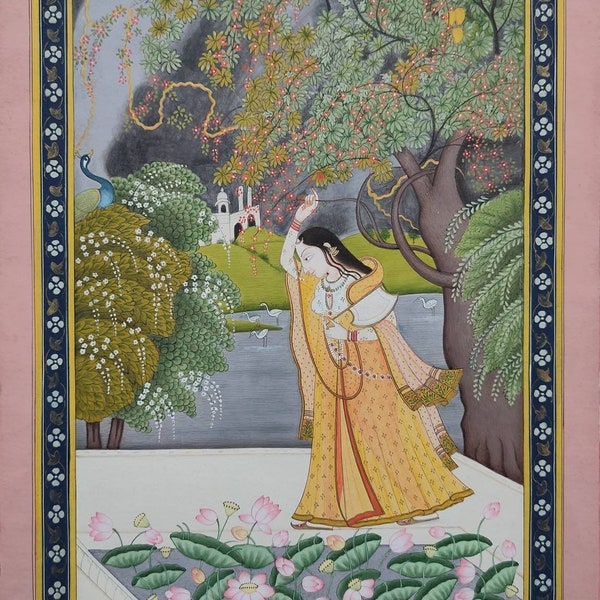 Indian Miniature kangra Pahari Nayika Original painting ,Pahari painting, traditional painting, fine,Nature,Wall decor,24cgold work, hanging