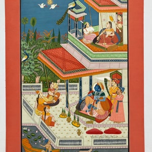 Pintura tradicional india en miniatura de bundi Rajasthani barah masa, Maagh Raag Pintura de krishna, músico Pintura, antigüedad