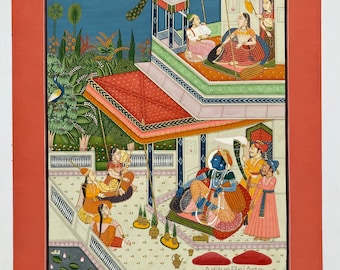 Indian Miniature traditional painting of bundi Rajasthani barah masa , Maagh Raag Painting of krishna, musician Painting, antique