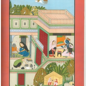 Indian Miniature traditional painting of bundi Rajasthani barahmasa (Krishna and Radha love,natural colour 24c gold ,fine art )