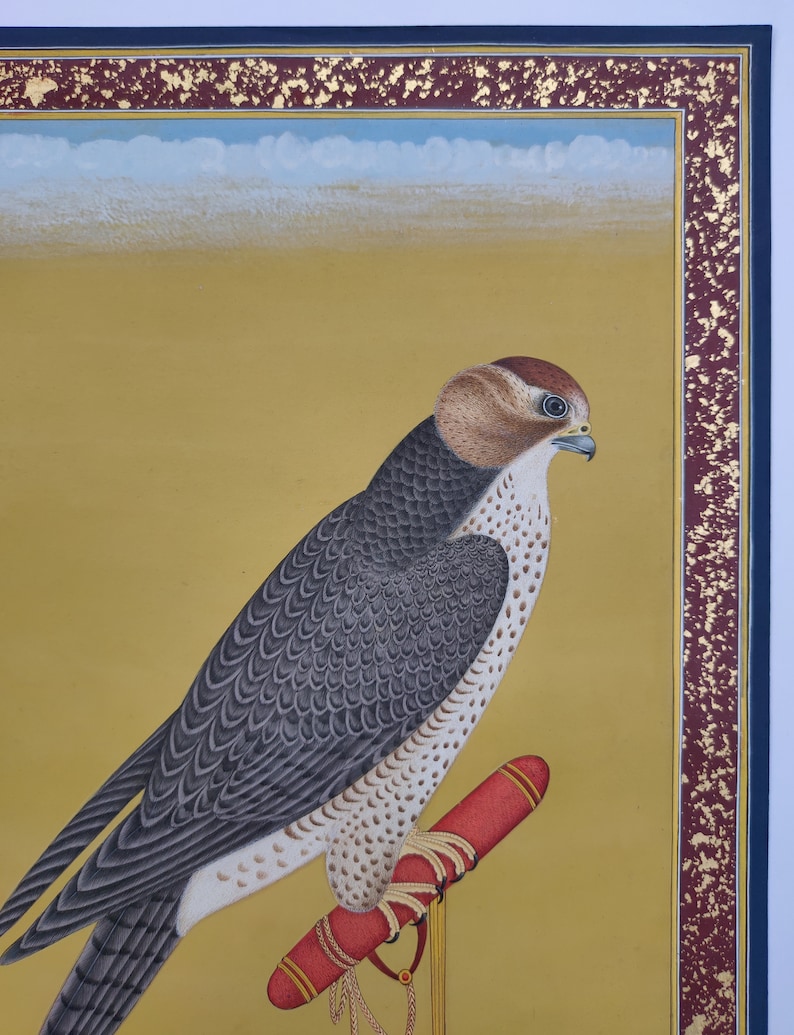 24c gold leaf border, original watercolor bird, home decor gifts Falcon Eagle Birds miniature Painting in Mughal style Antique vintage art