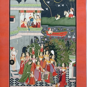 Fine Indian Miniature traditional painting of bundi Rajasthani barahmasa , Shraavana celebration teej, Krishna and Radha love art