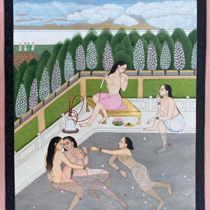 Ladies in Lotus Pool, Miniaturmalerei im Kangra Pahari Stil