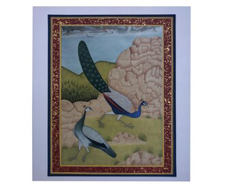Handmade Peacocks Painting in mughal, original peacock artwork, wildlife, indian peacocks miniature painting, realistic peacock wall decor)