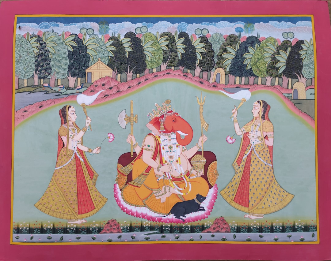Lord Ganesh With Riddhi Siddhi Miniature Painting Large Original
