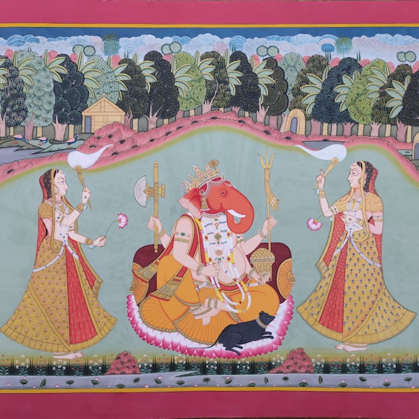 Miniaturowe malarstwo Lorda Ganesha: Riddhi Siddhi, tradycyjna sztuka indyjska