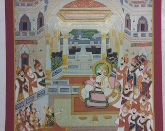 Mughal Maharaja Man Singh Painting, Rajasthan Court Scene, 24K Gold Art