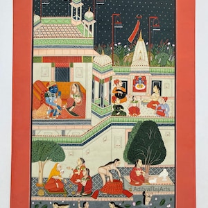 Kartika Hindu month painting Fine Indian Miniature traditional painting of bundi Rajasthani barahmasa , Krishna and Radha love art