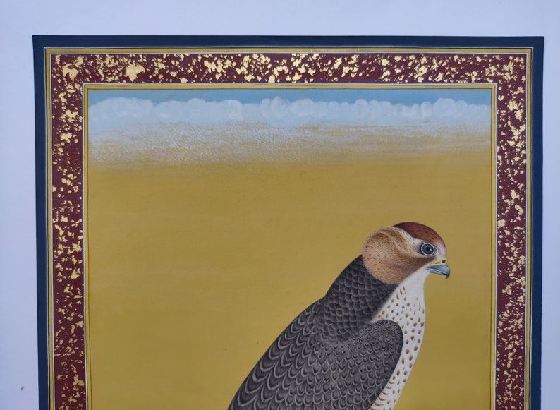 24c gold leaf border, original watercolor bird, home decor gifts Falcon Eagle Birds miniature Painting in Mughal style Antique vintage art