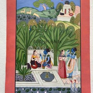 Month of Chaitra Fine Indian Miniature traditional painting of bundi Rajasthani barahmasa, Krishna and Radha love art