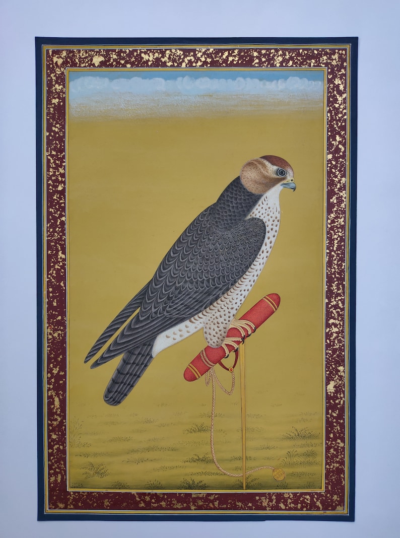 24c gold leaf border, original watercolor bird, home decor gifts Falcon Eagle Birds miniature Painting in Mughal style Antique vintage art