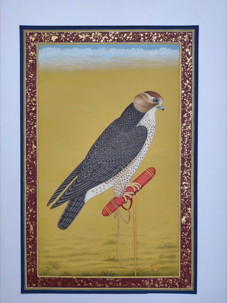 24c gold leaf border, original watercolor bird, home decor gifts Falcon Eagle Birds miniature Painting in Mughal style Antique vintage art