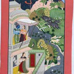 Indian Miniature traditional painting of bundi Rajasthani barahmasa vintage , month of Bhaado Krishna and Radha love,natural colour 24cgold