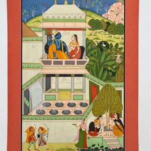 Month of Vaisakha Fine Indian Miniature traditional painting of bundi Rajasthani barahmasa, Krishna and Radha love art
