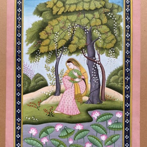 Indian Miniature kangra Pahari Nayika Original painting ,Pahari painting, traditional painting, fine,Nature,Wall decor,24cgold work, hanging