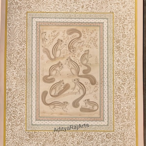 Una corsa di scoiattoli, stile antico all'interno di un bordo in oro 24 caret decorato con prafusamente (dipinto originale mughal indiano, arte murale vintage