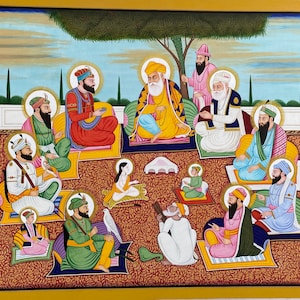 10 Sikh gurus painting, holistic Sikh Art , guru Nanak Dev Ji, Govind Singh Ram Das and others, fine large size painting