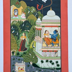 Fine Indian Miniature traditional painting of bundi Rajasthani barahmasa , month of ashadha , Krishna and Radha love art