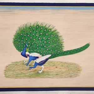 VENDUTO Pavoni 38 pollici × 28 pollici (dipinto di uccelli nazionali indiani in raffinata miniatura originale fatta a mano, guazzo, fauna selvatica, grande decorazione murale)