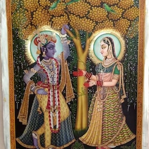 Traditional wall Painting of lord Krishna, God krishna and Radha Painting, large wall decor oil painting, indian god, rustic, pichwai Indian