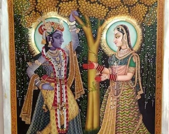 Traditional wall Painting of lord Krishna, God krishna and Radha Painting, large wall decor oil painting, indian god, rustic, pichwai Indian