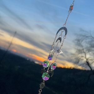 Moon Shadow Crystal Sun Catcher | Celestial Window Hanging Prism | AB Glass Moon Star Rainbow Maker Boho Witchy Decor