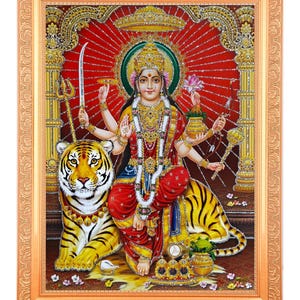Nav Durga Mata Zari Kunstdruck Foto Im Goldenen Kunstrahmen 11 x 14 Zoll) ODER (27,94 x 35,56 cm) Einweihungsgeschenk