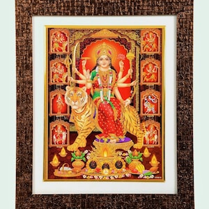 Goddess Durga-Ambe Maa-Sherawali Maa with 9 Forms Golden Zari Work Photo In Copper Color Brick Finish Wooden Frame (12 X 14.50 Inches)