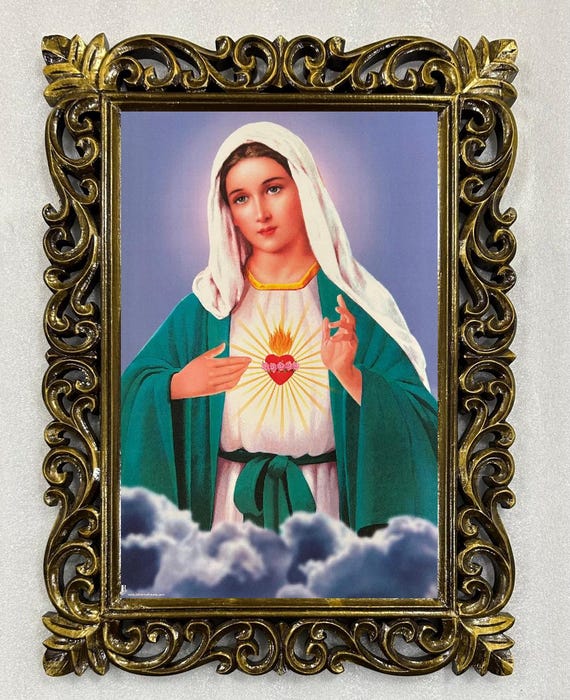 Mother Mary Painting Print in Carved Duco Finish Wood Frame (23x17