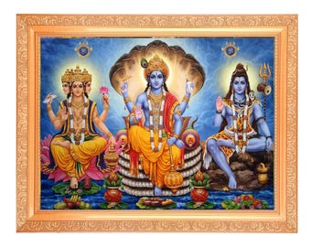 Impresión de Trimurti Lord Vishnu-Brahma-Mahesh en marco dorado (11,50 x 13,50 pulgadas)