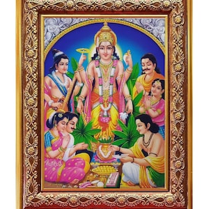 Satyanarayan Swami Golden Art Work Colour Photo In Golden Wall Hanging-/-TableTop Frame (7.50 X 9.50 Inch) OR (19.05 X 24.13 Cm) 3 Designs