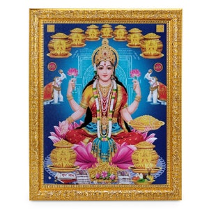 Maa Lakshmi Beautiful Sparkle Print Elegant Photo In Golden Artwork Frame (11 X 13 Inches) OR (27.94 X 33.02 Cms)