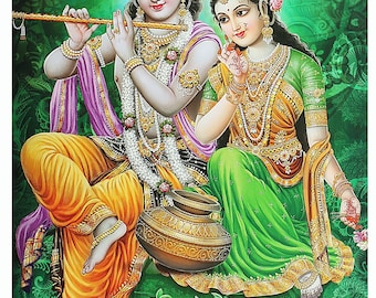 インドの神ラーダー・クリシュナのファインプリントポスター（フレーム