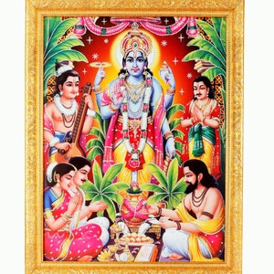 Satyanarayana Swamy Silver Zari Art Work Photo In Golden Frame Big (14 X 18 Inches)