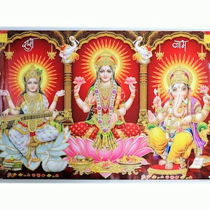 Lakshmi Saraswati Ganesha Golden Zari Art Work Poster Without Frame 24 X 36 Inches image 1