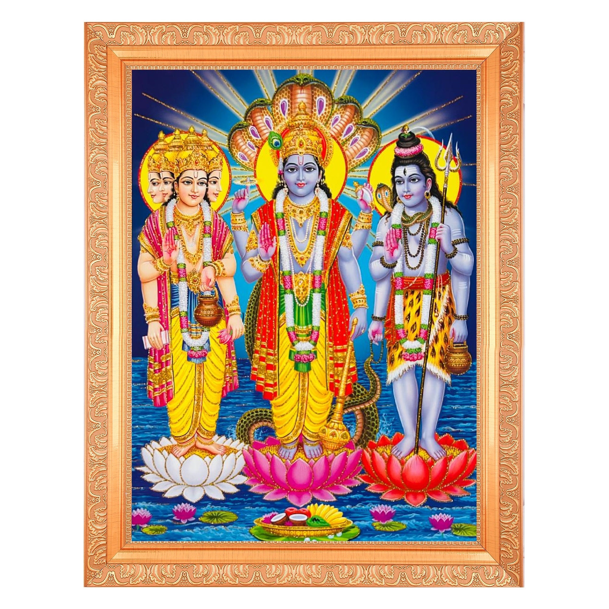 シヴァ、ヴィシュヌ、ブラフマーのアート写真（金枠入り、14x18インチ