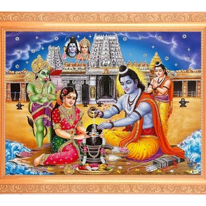 Ram Sita Worshiping Shiva Lingam Painting Print Silver Zari Artwork Photo In Gold Artwork Frame Big (14 X 18 Inches)